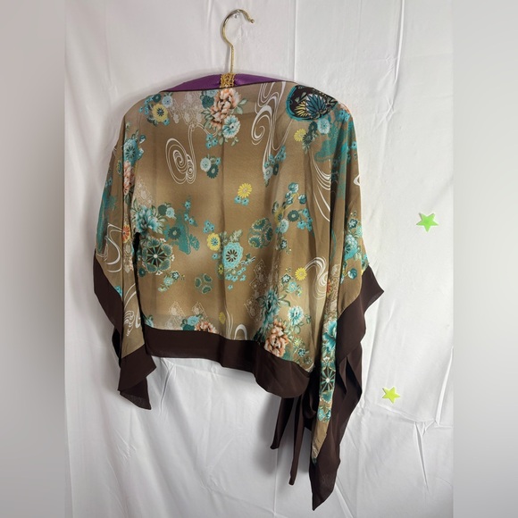 VTG Y2K Brown Floral Boho Batwing Sleeve Kimono Blouse with Waist Tie Size L - Picture 13 of 15